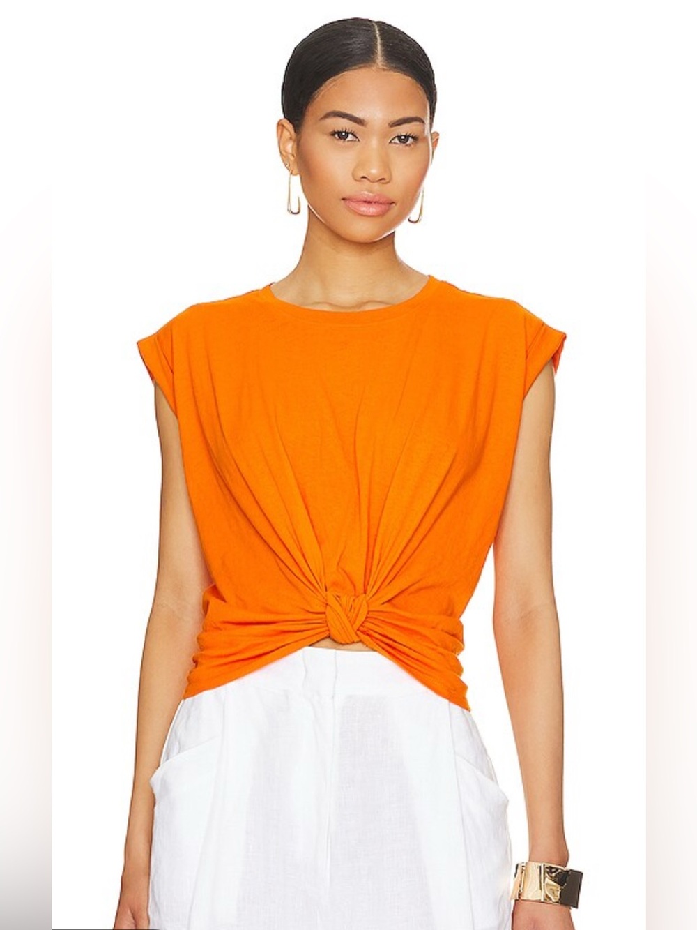 Frame Knot Rolled Tee T-Shirt in Nectarine Orange Size L 100% Cotton Women’s